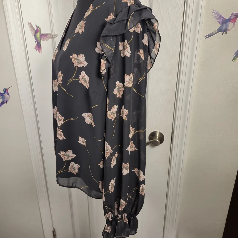 bar III Floral Ruffle V-Neck Sheer Long Sleeve Blouse Top L - Picture 5 of 7